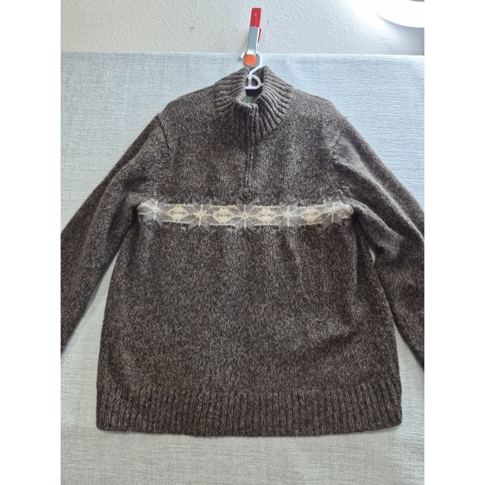 Eddie Bauer Seattle Sweater Mens XL Brown Snowflakes Knit Mock Neck Quarter Zip